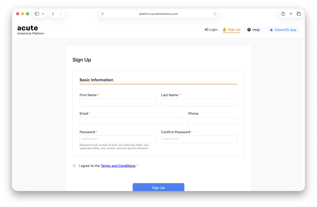 Acute account creation interface, step 2
