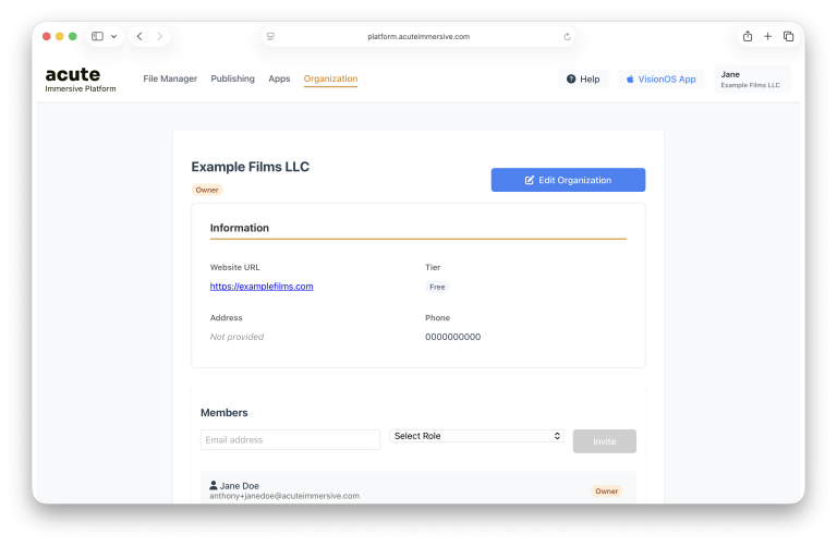 Acute organization member and invitation interface, step 1