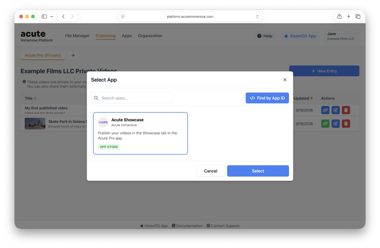 Acute application publishing and curation interface, step 2