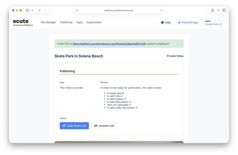 Acute share-link creation and recipient interface, step 2