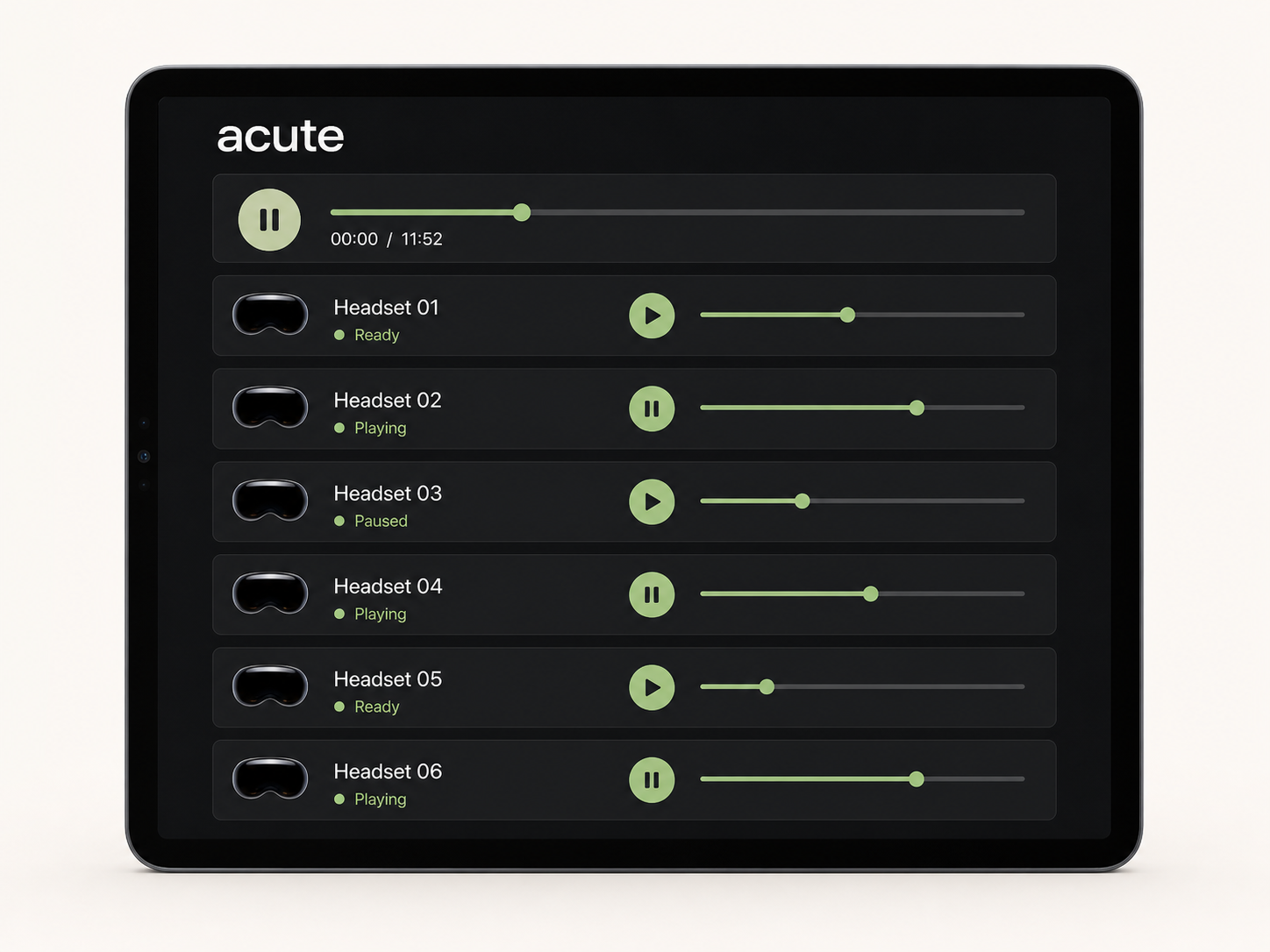 Acute iPad interface showing synchronized playback and readiness across six headsets