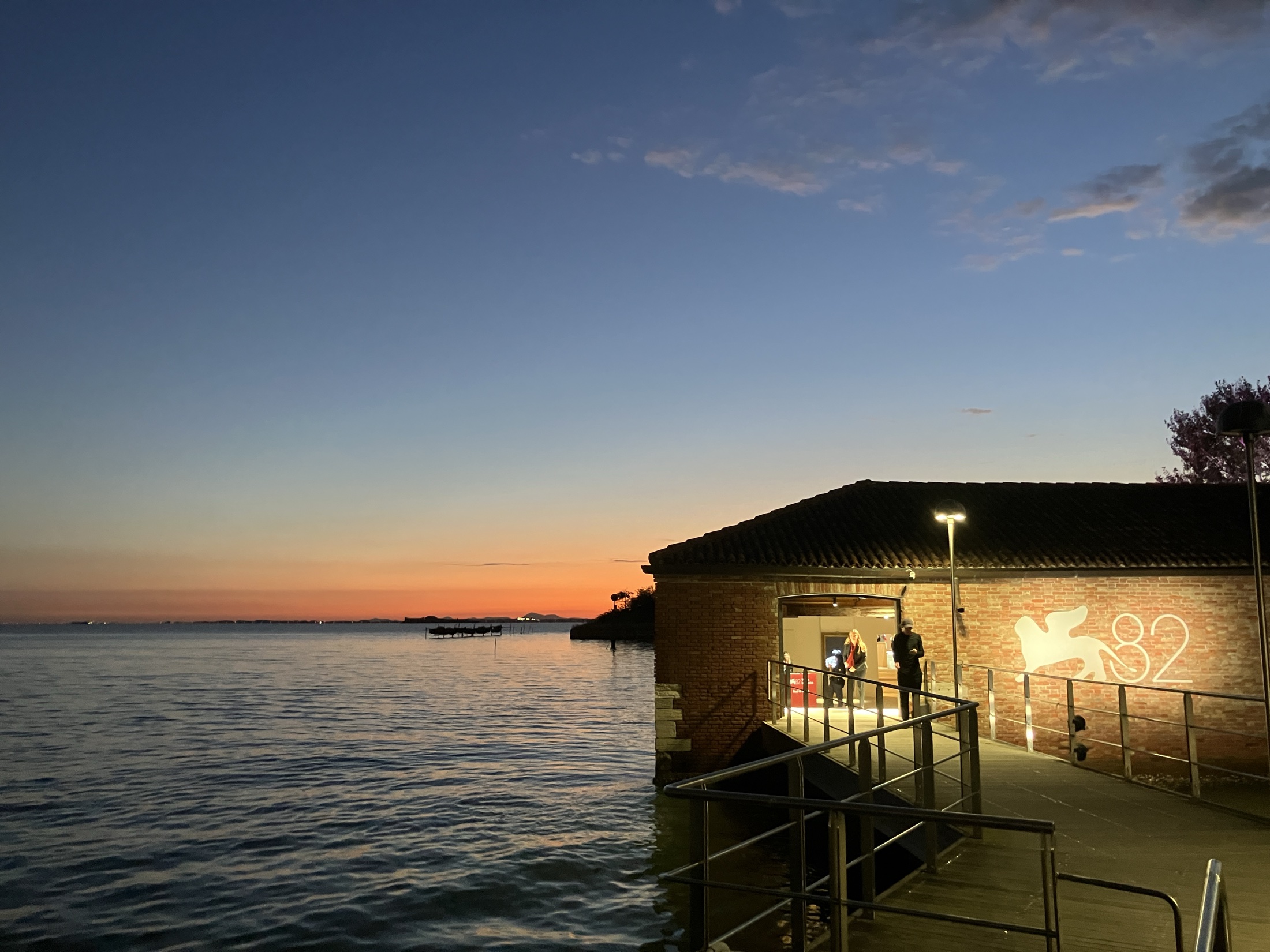 The dock and entrance to Lazzaretto Vecchio at sunset.