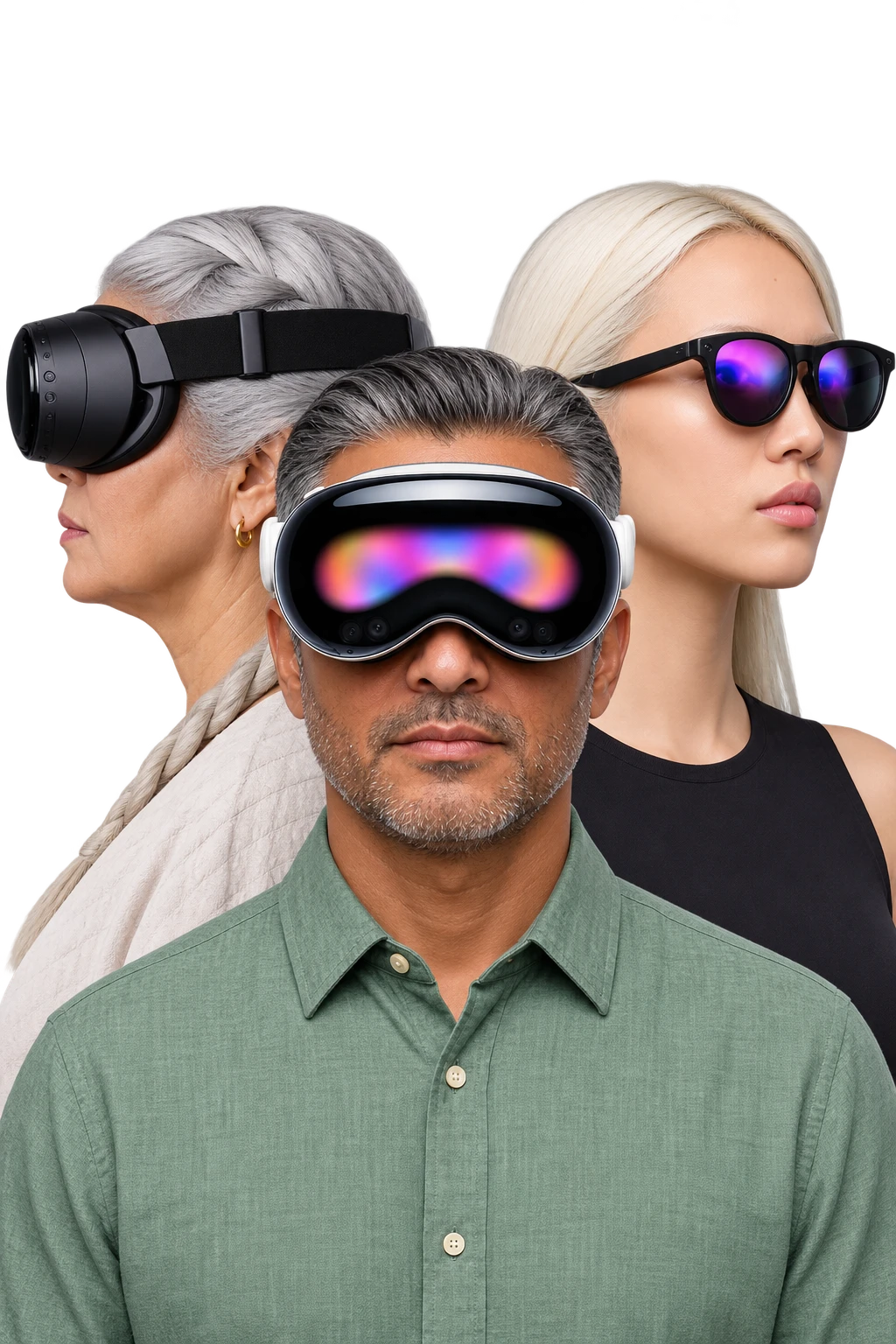 Three people wearing Steam Frame, Apple Vision Pro and XREAL AURA