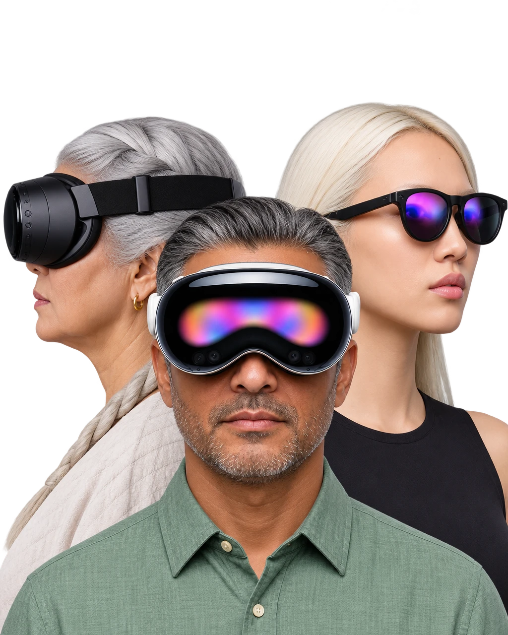 Three people wearing Steam Frame, Apple Vision Pro and XREAL AURA