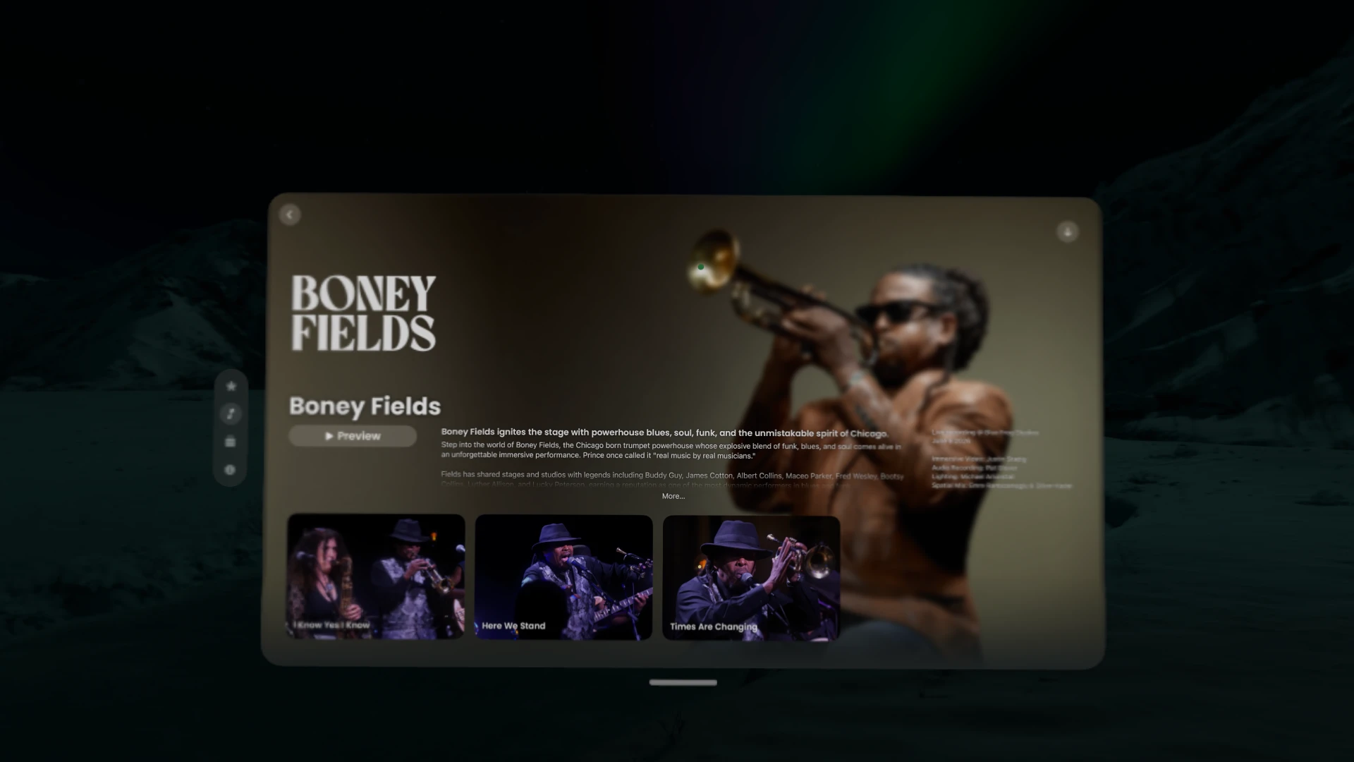 Blue Frog Immersive artist page for Boney Fields in Apple Vision Pro